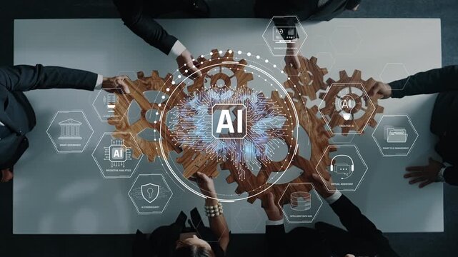 A diverse business team collaborates around a table, focusing on artificial intelligence strategies, with visual elements symbolizing innovation and technology integration. Raster - Powered by Adobe