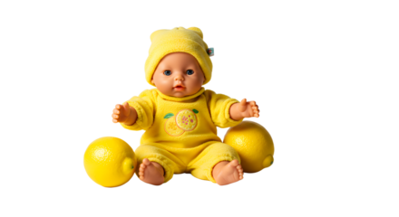 BABY TOYS - Yellow baby doll wearing matching outfit and hat seated with two yellow balls on black background, perfect for children's toys or nursery decor