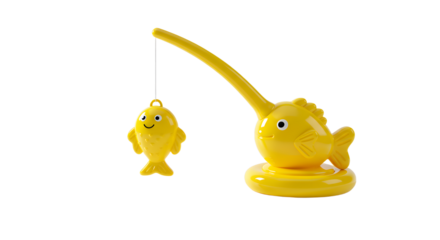 BABY TOYS - Yellow toy fishing rod with a smiling fish lure isolated on white background, perfect for children's playtime and learning activities