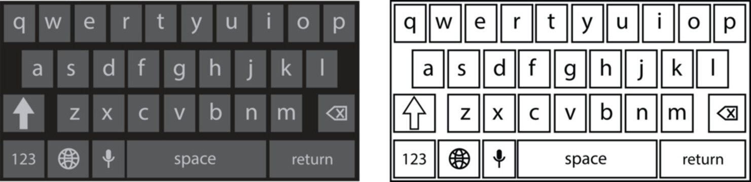 Modern phone keyboard flat and outline icon set of smartphone. Typing interface button, mobile keypad layout designs digital qwerty input communication, messages and technology vectors illustration.