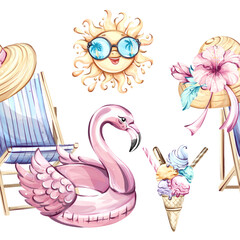 Seamless pattern background wallpaper featuring summer vacation elements such as beach chairs, ice cream, pool floats, and tropical flowers for festive occasions and creative designs