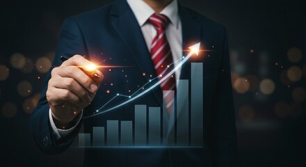 Professional businessman utilizing modern digital technology to visualize comprehensive growth metrics and strategic business success for future market development and financial planning