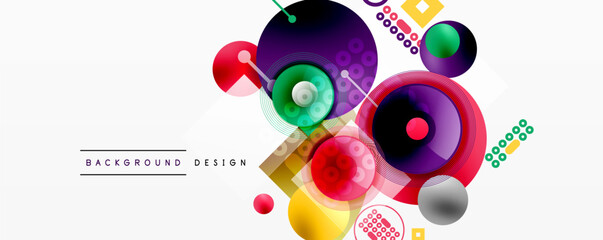 Abstract colorful shapes overlap, creating dynamic composition. Circles, spheres, lines form modern design element. Bright hues dominate.
