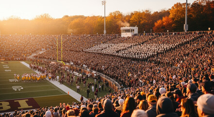 Large crowd cheering at football game, band performing, golden hour sunlight, autumn colors, energetic atmosphere, collegiate sports.