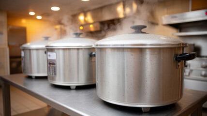 Row of steaming rice cookers in a commercial kitchen setting