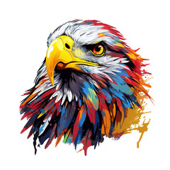Bold eagle head or bald eagle painted with vibrant, angular strokes and energetic splatters, featuring a bright yellow beak.