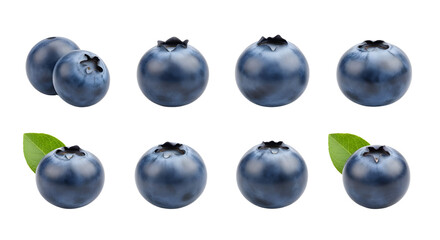 Fresh ripe blueberries isolated on white background in two rows with green leaves, perfect for healthy food and nutrition imagery