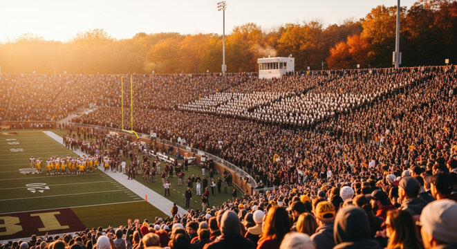 Large crowd cheering at football game, band performing, golden hour sunlight, autumn colors, energetic atmosphere, collegiate sports.