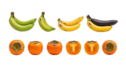 Sequence of bananas ripening from green to black and persimmons whole and sliced isolated on black background, perfect for healthy food content