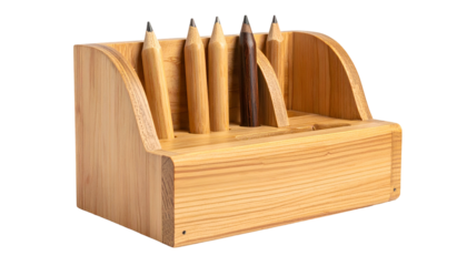 Wooden pencil holder with pencils inside a desk organizer.