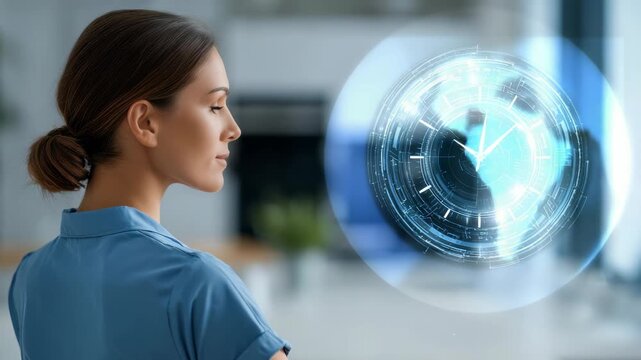A professional woman observes a holographic clock, representing efficient time management and digital transformation. The scene highlights innovation, focus, and future oriented business solutions