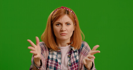 Angry Girl Swear at Camera. Woman Wearing in Blue Shirt Feeling Nervous and Angry Gesticulating...