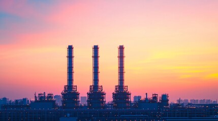 Obraz premium Twilight shot of clean industrial skyline of hydrogen and SAF plants emitting vapor-free air.