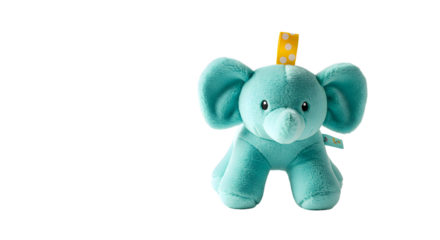 BABY TOYS - Blue plush elephant toy with yellow polka dot hanging loop on white background, perfect for baby showers and nursery decor