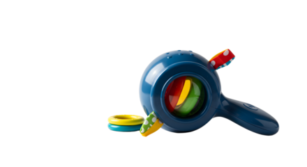 BABY TOYS - Colorful children's toy telescope on white background, bright plastic baby toy for early learning and sensory development