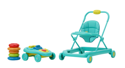 BABY TOYS - Blue baby walker with seat, toy car and colorful stacking rings on white background, perfect for infant development and playtime