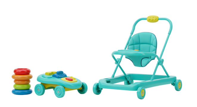 BABY TOYS - Blue baby walker with seat, toy car and colorful stacking rings on white background, perfect for infant development and playtime