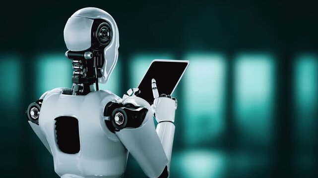 Robot hominoid using tablet computer in concept of AI thinking brain , artificial intelligence and machine learning process for the 4th fourth industrial revolution . 3D rendering.