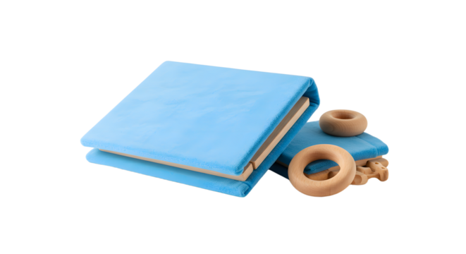 BABY TOYS - Blue baby blanket and wooden teething rings isolated on white background, perfect for newborn essentials