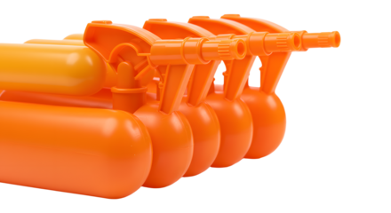 BABY TOYS - Close-up of orange water guns aligned on white background, summer toy perfect for outdoor fun and water fights
