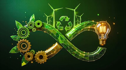 Sustainability and renewable energy infinity symbol with gears leaves and light bulb 
