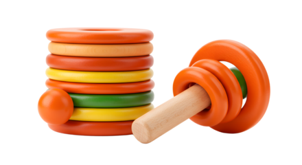 BABY TOYS - Colorful wooden stacking rings toy with multiple bright orange, yellow, and green rings isolated on white background, perfect for early childhood learning