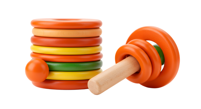 BABY TOYS - Colorful wooden stacking rings toy with multiple bright orange, yellow, and green rings isolated on white background, perfect for early childhood learning