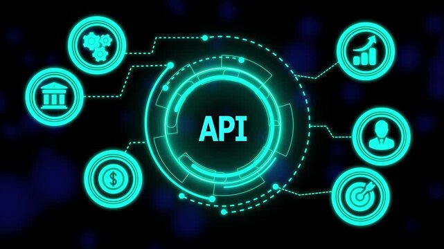 API Concept &mdash; Futuristic Digital Interface with Infographic Icons Representing Data Integration, Automation, Strategy, Technology, and Innovation