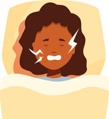 Young woman suffering from a strong toothache lying in bed at night, teeth clenching, healthcare and medicine concept