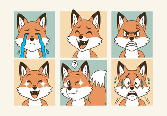 Vector set of cute animal faces showing various emotions, in colorful square layout perfect for children&rsquo;s designs and playful patterns.