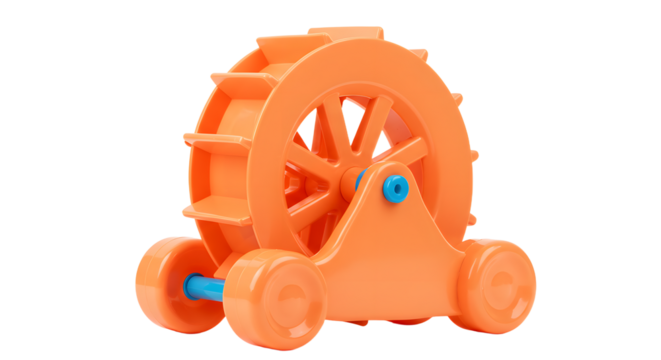 BABY TOYS - Orange plastic toy wheel on a white background, isolated children's plaything perfect for educational or toddler activities