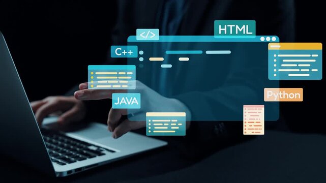 A professional man interacts with a laptop while visualizing financial growth through graphs and digital elements, depicting stock market trends and investment strategies. Qubit