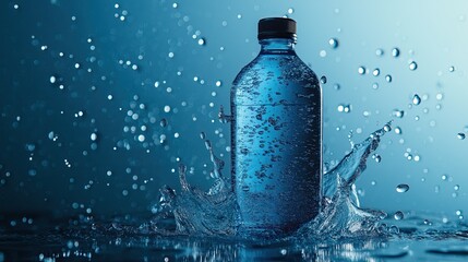 Fresh water bottle with splash on blue background.
