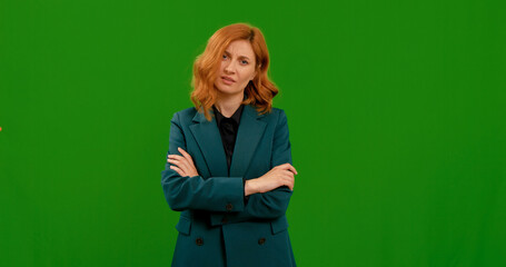 Woman disgusted saying What over green screen background. Female keeping her confidence refusing...