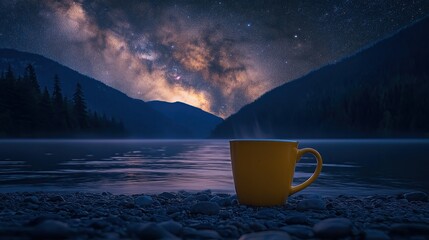 Hot drink by the mountain with a starry sky.