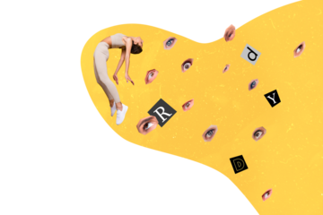 3D collage poster template trend artwork sketch of young woman sportswear jump fly freedom esoteric eye eyesight search vision