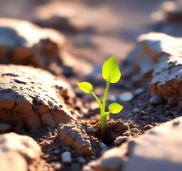 Tiny green sprout emerging from cracked dry soil