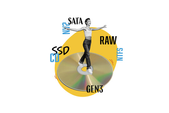 Composite photo collage of happy girl walk compact disk ssd format disco record dancehall entertainment isolated on painted background