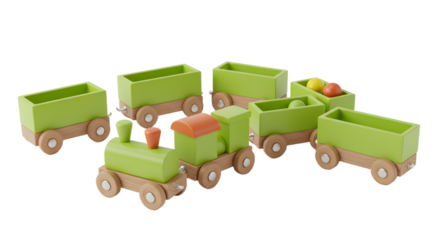 BABY TOYS - Wooden toy train with multiple open-top carriages in green and natural wood colors, perfect for children?s play and educational activities