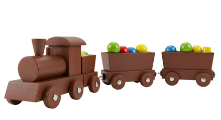 BABY TOYS - Wooden toy train with two wagons filled with colorful balls, classic kids' plaything perfect for educational and imaginative play