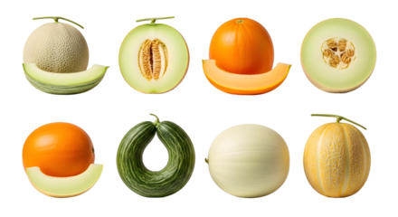 Collection of different varieties of fresh melons isolated on white background, including cantaloupe, honeydew, and galia melon, perfect for food and health related content