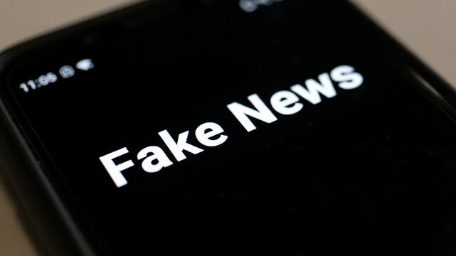 Close up shot of a smartphone screen with the words fake news displayed, highlighting the prevalence of misinformation, propaganda, and deceit on the internet
