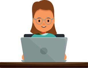Happy young girl wearing glasses working on a laptop, enjoying online learning or freelance work