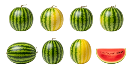 Various striped watermelons including green and yellow varieties and a slice of ripe red watermelon on a white background, perfect for summer and food projects