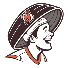 Funny Hockey Fan Wearing Giant Puck Hat Retro Cartoon White Brown Orange Illustration