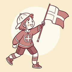 Cute child hockey fan waving Danish flag line art illustration red white beige with copy space