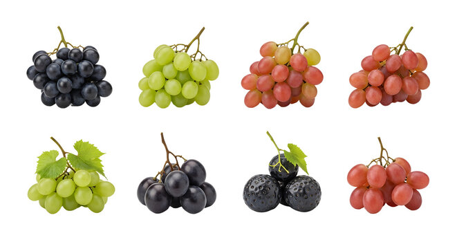 Variety of fresh grapes in clusters including black, green, and red grapes isolated on white background, ideal for healthy eating and food design