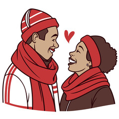 Smiling Hockey Fan Couple in Red Winter Gear Cartoon Illustration, Red and White, Love and Winter Happiness