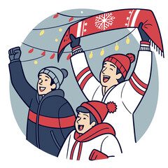 Cartoon Hockey Fans Cheering Winter Clothes Line Art Red Blue Grey Illustration for Sports Celebration