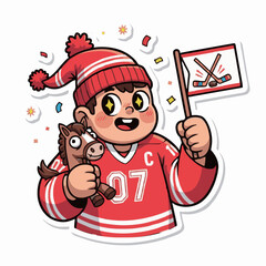 Cute Child Hockey Fan Sticker Red White with Toy Horse for Sports Enthusiasm
